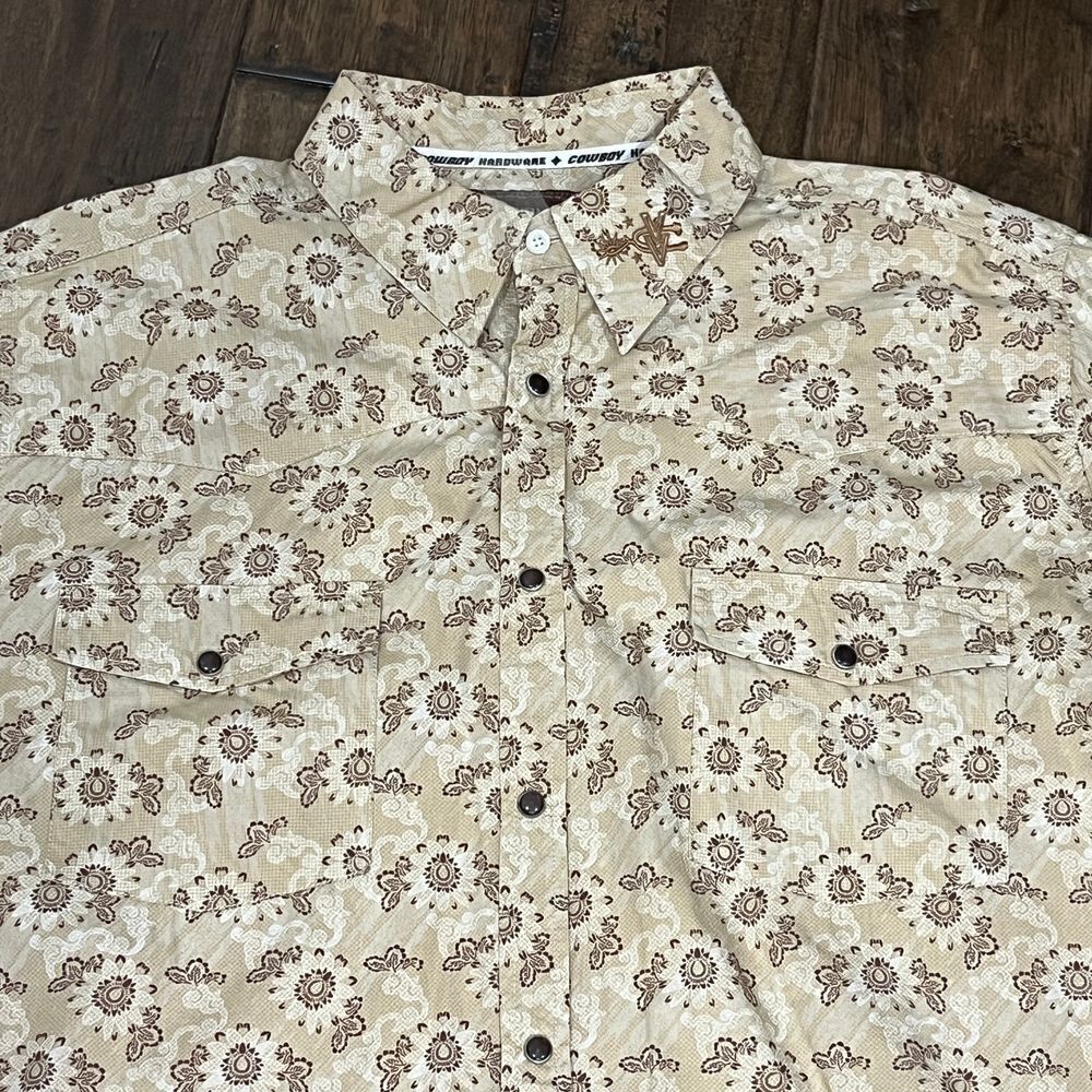 Cowboy Hardware Western Floral Print Snap Button Long Sleeve Tan Brown Shirt XL‎